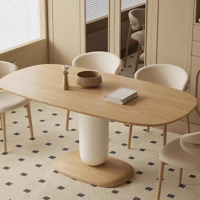 Traditional Japanese Elliptical Oak Wood Cat Scratch Leather Dining Table & Chair Set For 4/6 Seats