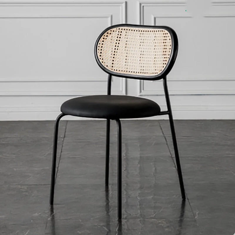 Contemporary Nordic Round PU Leather Faux Rattan Weaving Iron Chair Backrest For Living Room