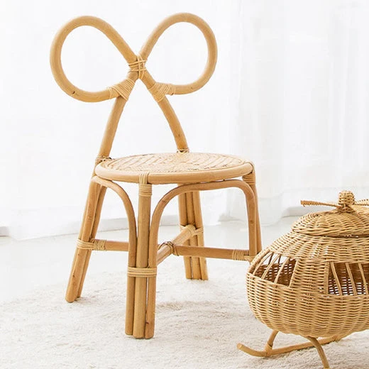 Traditional Japanese Round Rattan Weaving Footstool Kids Backrest Chair For Entryways