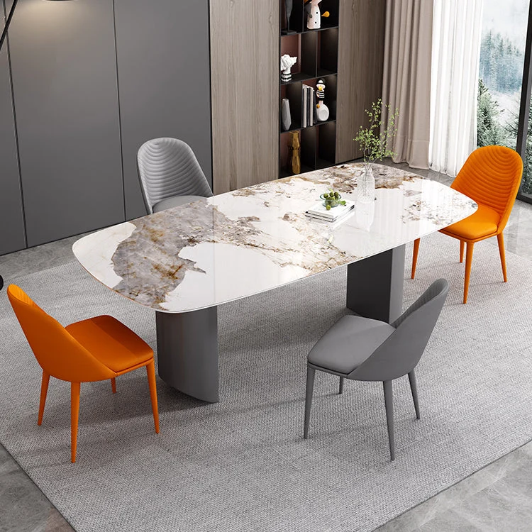 Sintered Stone Top Dining Table in White Modern Rectangle Table with Double Pedestal