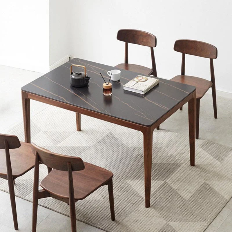Stone Top Dining Table Traditional Luxury Rectangle Table with 4 Wood Legs