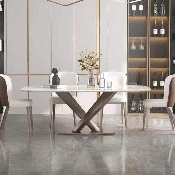 Metal Traditional Luxury Rectangle Table Sintered Stone Top Table with Pedestal