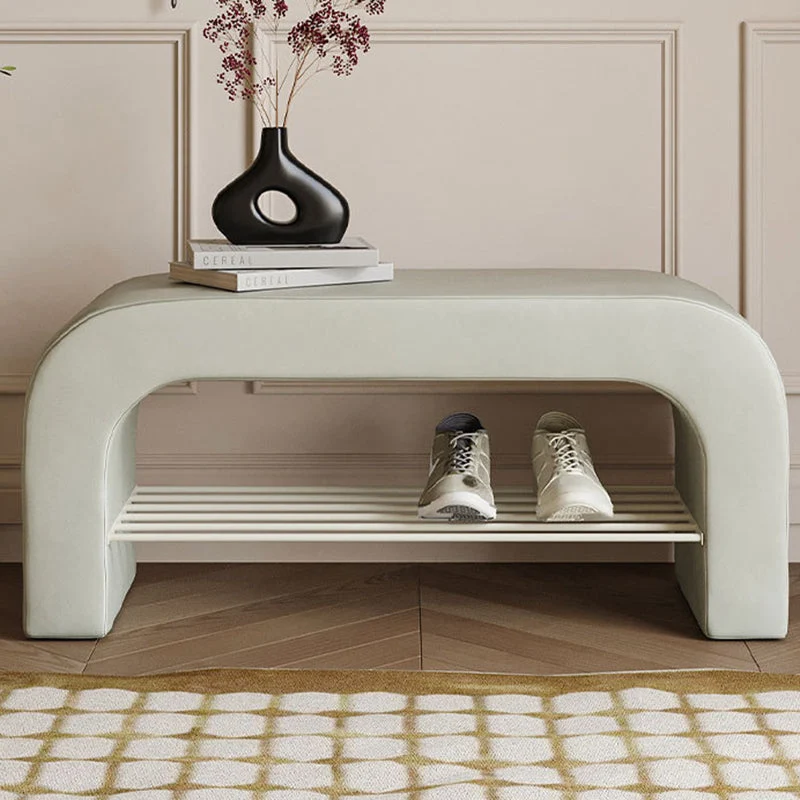 Modern Minimalist Long Rectangle Sherpa Fabric PU Leather Iron Storage Bench 1-Shelf For Entryways