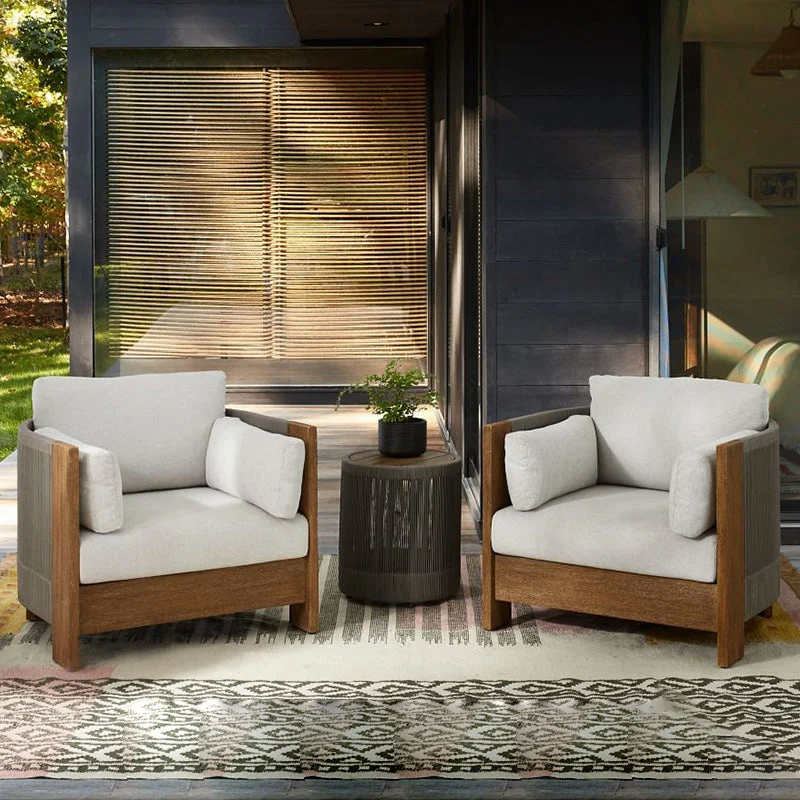 Modern Luxury Square Fabric Teak Wood Sponge Nylon Rope Outdoor Sofa Backrest Armrest For Outdoor