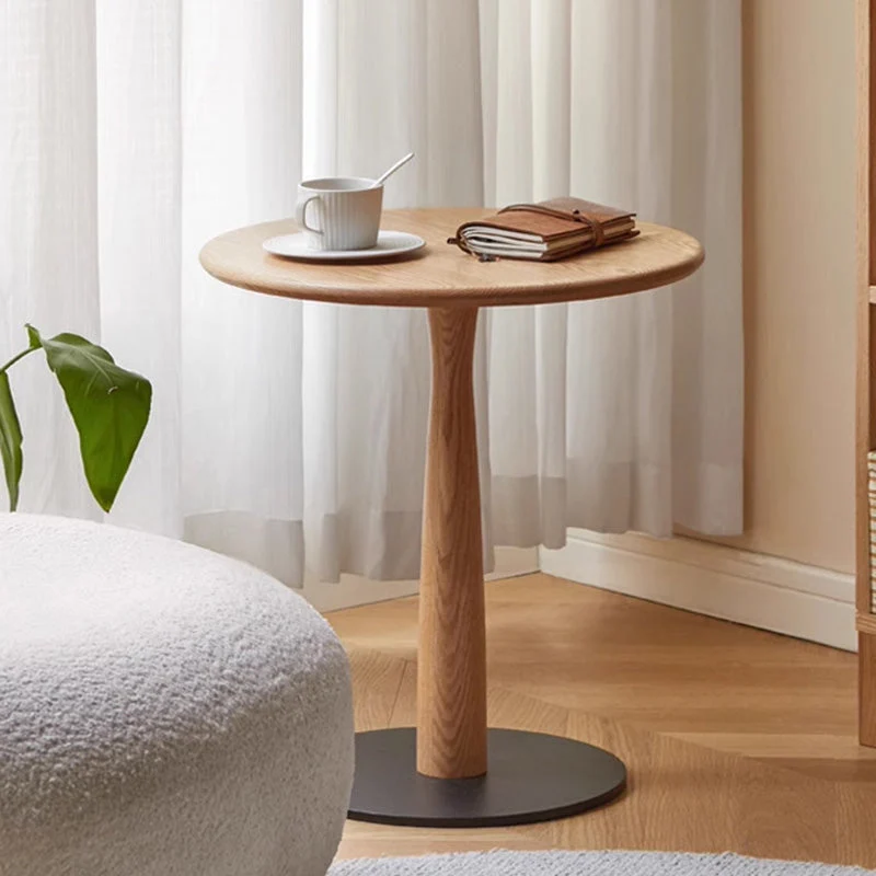 Traditional Rustic Round Oak Wood Iron Side Table For Living Room
