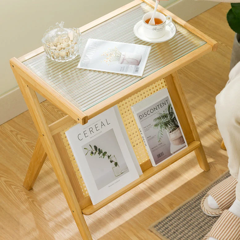 Contemporary Creative Rectangular Geometric Bamboo PE Rattan Glass Side Table 1-Shelf For Living Room