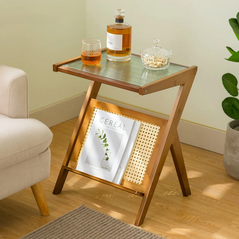 Contemporary Creative Rectangular Geometric Bamboo PE Rattan Glass Side Table 1-Shelf For Living Room