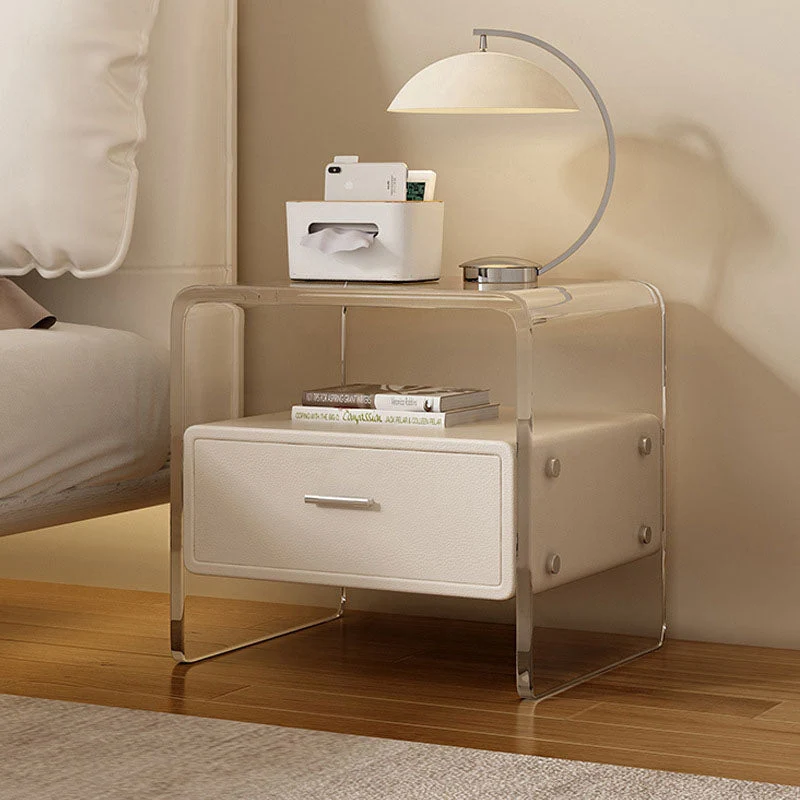 Modern Minimalist Cubic Rectangular Acrylic Pine Wood Microfiber Leather Nightstand 1-Drawer For Bedside