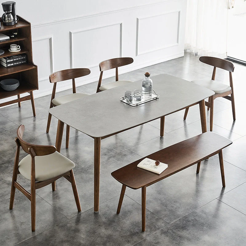 Gray Stone Top Dining Table Mid-Century Modern Table with 4 Wood Legs