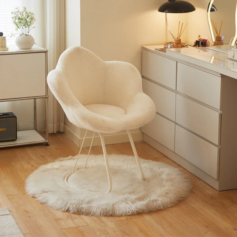 Contemporary Creative Petal Shape Sherpa Fabric Upholstered Arc Metal Legs Vanity Stool Backrest Armrest For Bedroom