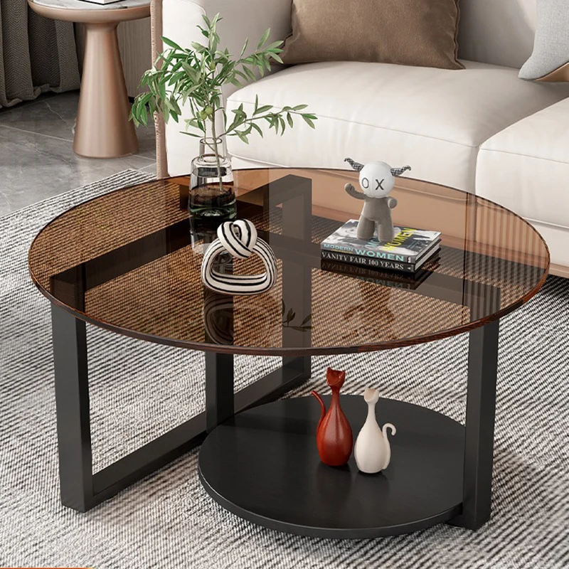 Modern Minimalist Round Carbon Steel Frame Glass Table Top Coffee Table 2-Tier For Living Room
