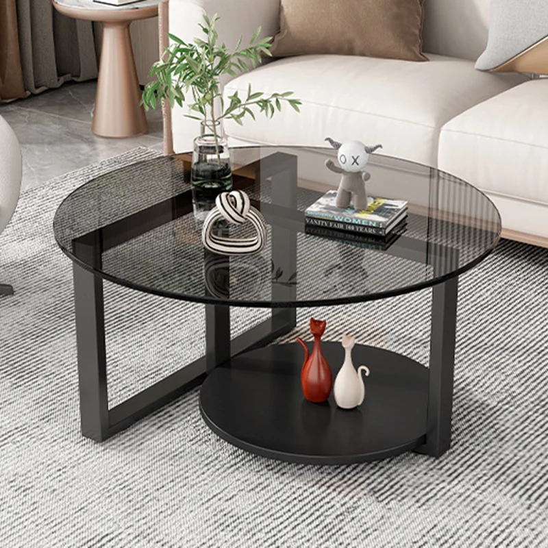 Modern Minimalist Round Carbon Steel Frame Glass Table Top Coffee Table 2-Tier For Living Room