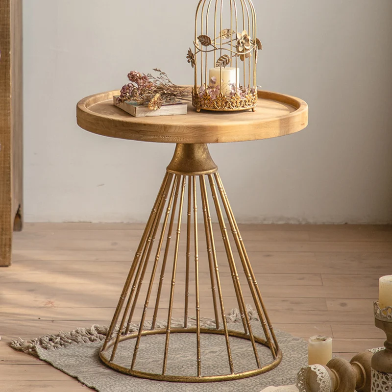 Traditional Japanese Round Fir Wood Tray Top Iron Base Coffee Table For Living Room