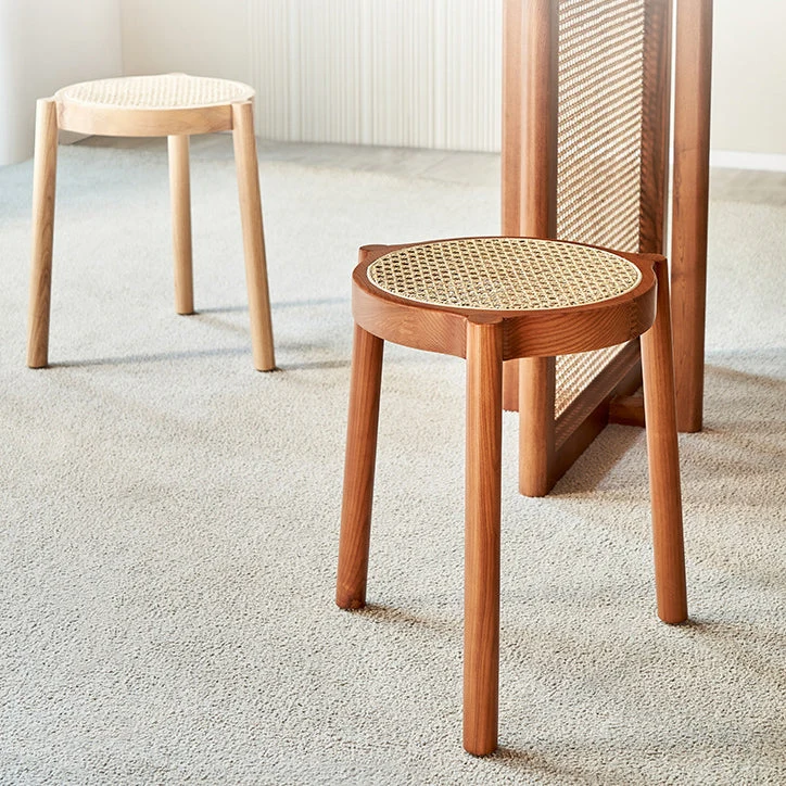 Traditional Japanese Round Rattan Weaving Ash Wood Frame Stackable Low Stool For Living Room
