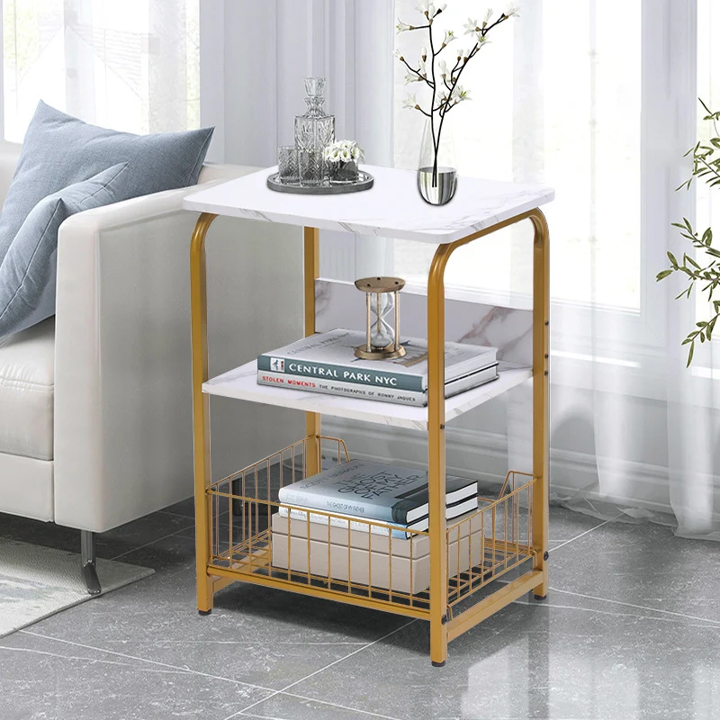 Modern Minimalist Rectangle Iron MDF 3-Tier Side Table For Living Room