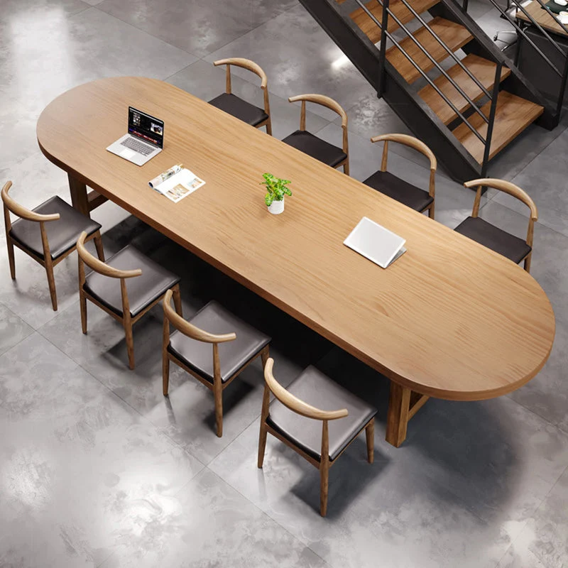 Pine Wood Top Dining Table Modern Oval Table with Double Pedestal Base