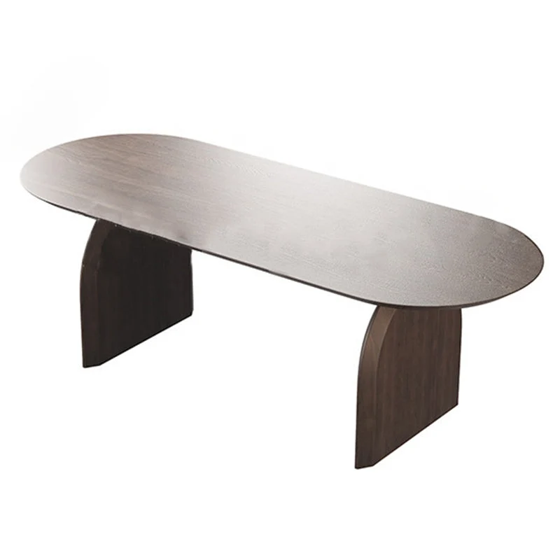 Brown Solid Wood Dining Table Modern Oval Furniture with Double Pedestal for Office