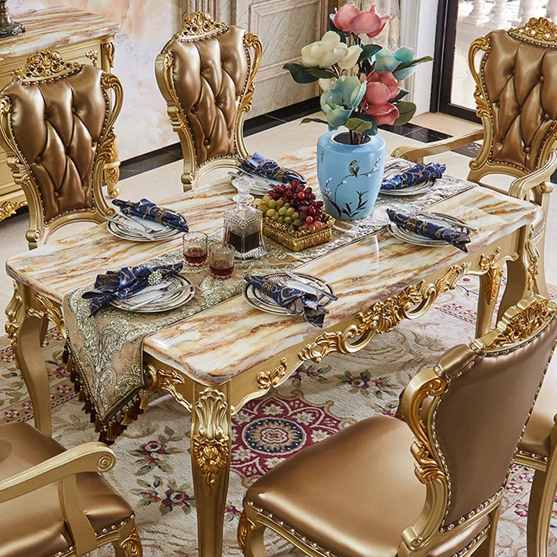 Marble Top Dining Table Rectangle Dining Table with 4 Wood Legs