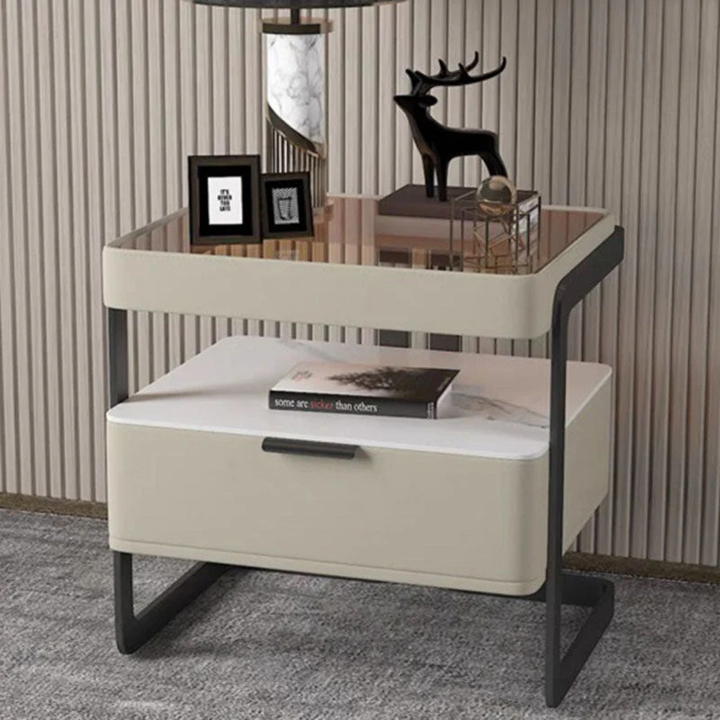 Contemporary Nordic Rectangular Reinforced Glass Cat Scratch Leather Stone Slab Iron Pine Wood Nightstand 1-Drawer For Bedroom