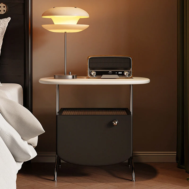 Modern Minimalist Oval Rectangle MDF Glass Stainless Steel Nightstand 1-Drawer For Bedroom