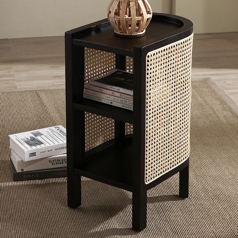 Traditional Japanese Weaving Semicircular Elliptical Faux Rattan Ash Wood Nightstand 2-Storage For Bedside