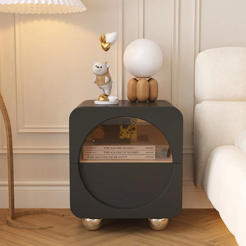 Contemporary Scandinavian Square Rounded Corners Faux Leather Glass Sheet Stainless Steel Nightstand 2-Drawer For Bedroom