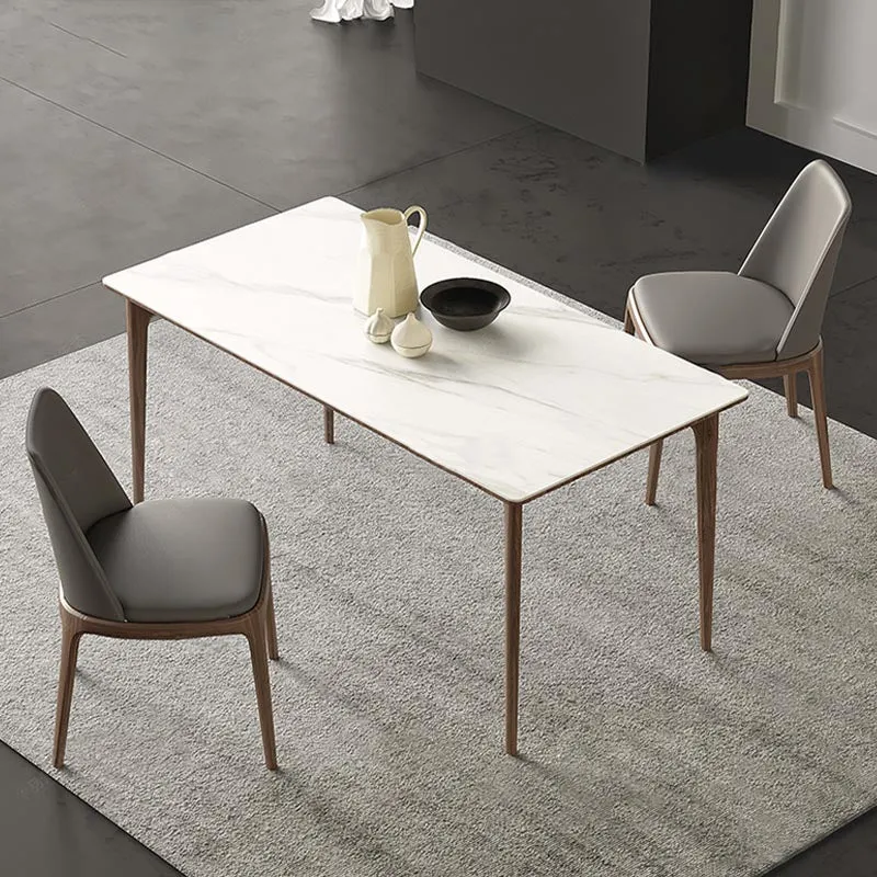 Stone Dining Table Rectangle Mid-Century Modern Table with 4 Wood Legs