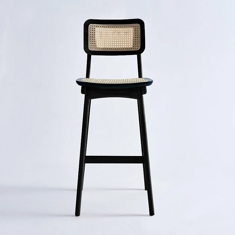 Low Back Solid Wood Bar Stool Modern Rattan Armless Stool for Living Room