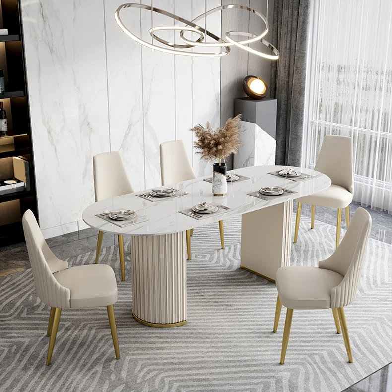 Luxury Sintered Stone Top Table Oval White Table with Double Pedestal