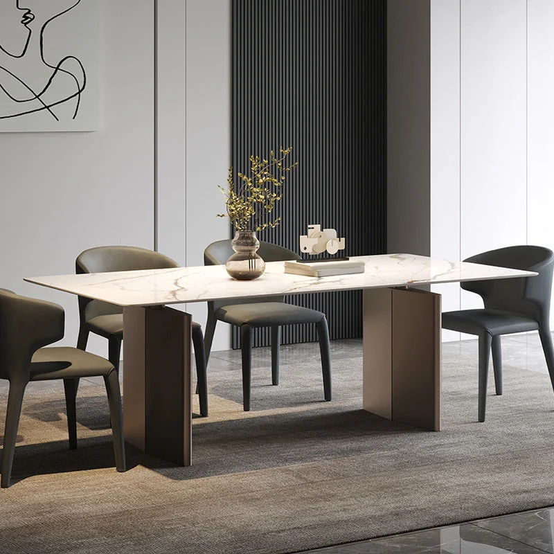 Traditional Luxury Dining Table Rectangle Double Pedestal Table with Steel Base