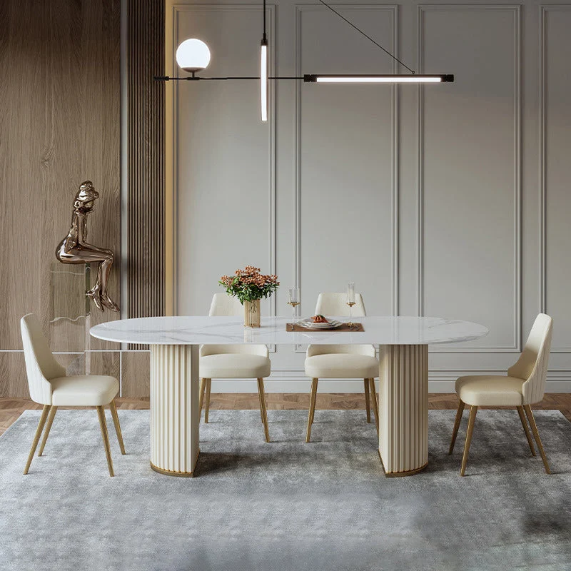 Luxury Sintered Stone Dining Table Oval White Table with Double Pedestal