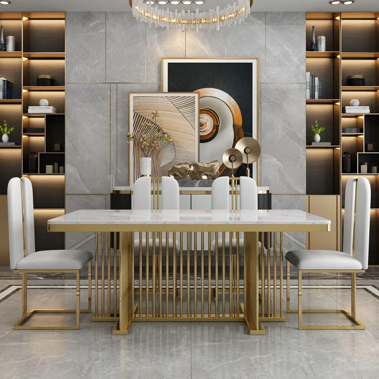 Metal Traditional Luxury Rectangle Table Stone Indoor Table with Pedestal Base