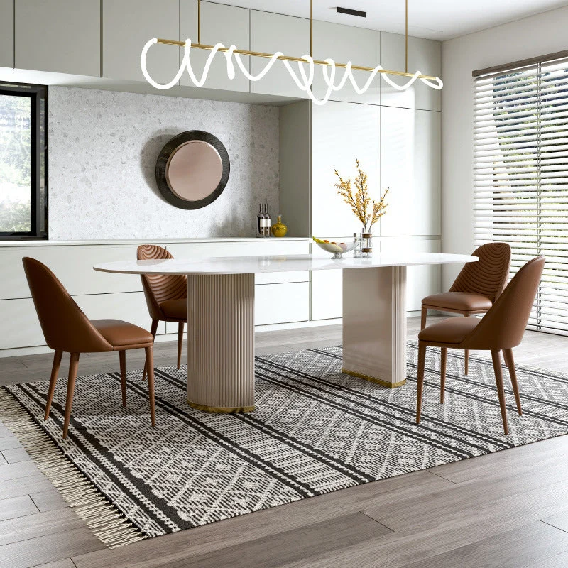 Modern Stone Top Dining Table Oval Table with Sled Base in White