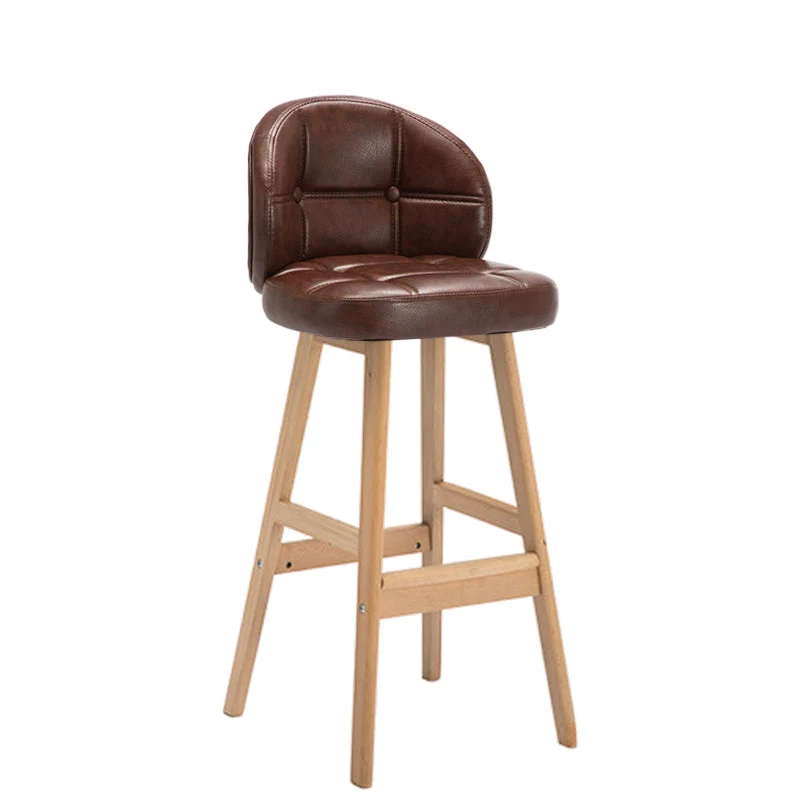 Contemporary Luxury Round Fabric Faux Oil Wax Leather Rubberwood Bar Stool Low Back Footrest For Dining Room