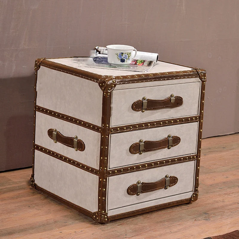 Contemporary Industrial Style Rectangular PU Leather Plywood Side Table 3-Drawer For Living Room