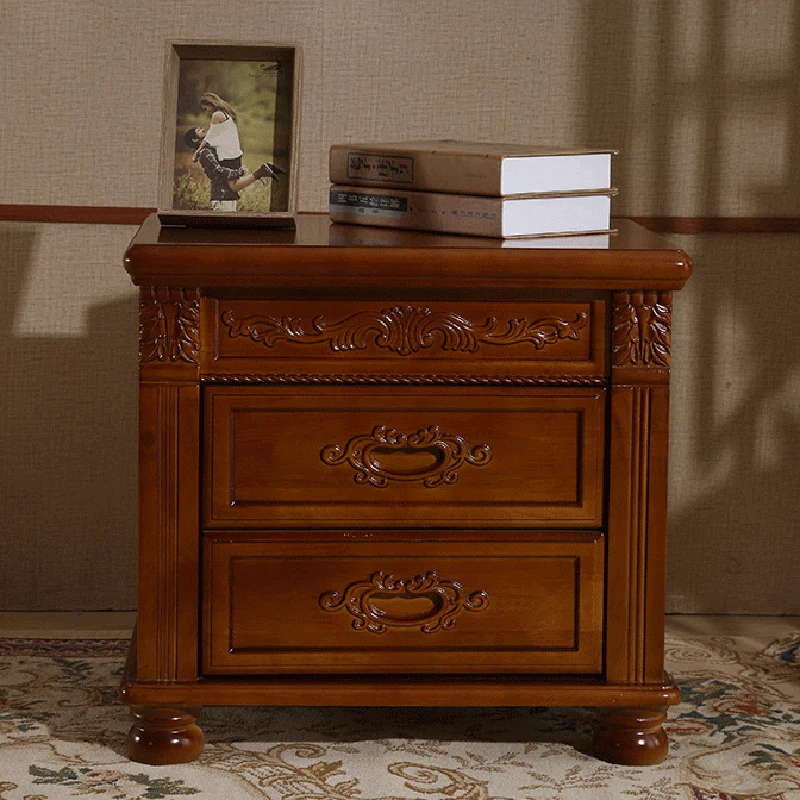 Traditional Vintage Rectangular Rubberwood Plywood MDF Metal Nightstand 2-Drawer For Bedroom