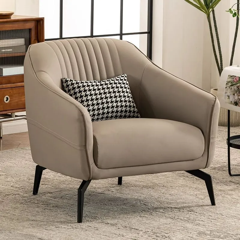 Contemporary Scandinavian Microfiber Leather Wood Sponge Square Streak Accent Chair Footrest For Living Room