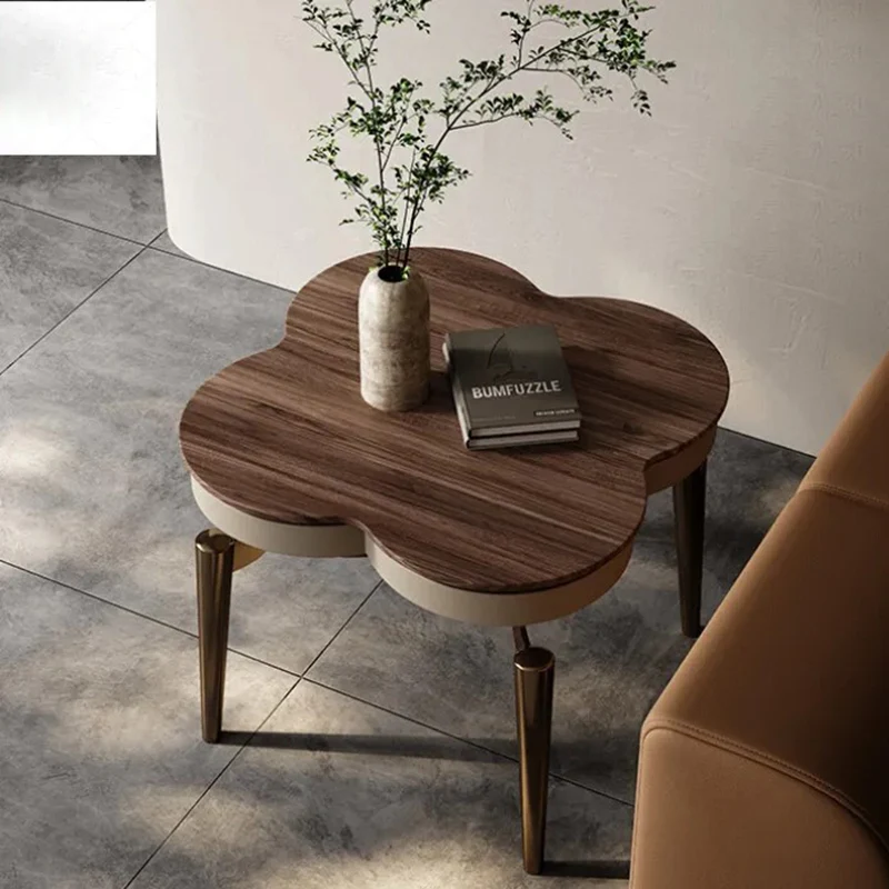 Contemporary Nordic Round Square Clover Shape Stainless Steel Plywood Frame Walnut Wood Tabletop Coffee Table For Living Room
