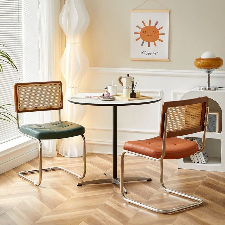 Contemporary Boho Square Synthetic Rattan Faux Oil-wax Leather PU Leather Top Grain Leather Contact Surface Pine Carbon Steel Dining Chair Backrest Armless For Dining Room