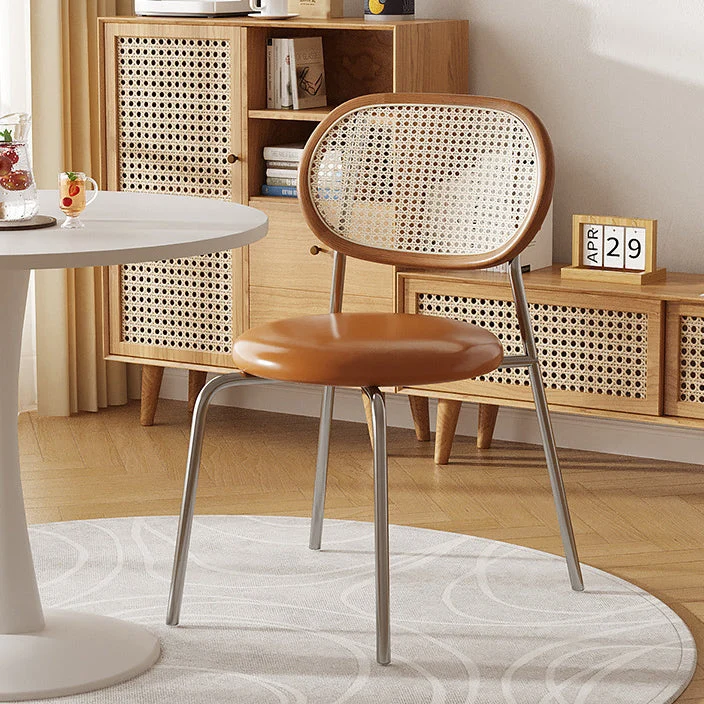 Contemporary Boho Round Curved PU Leather PP Rattan Stainless Steel Dining Chair Backrest Armless For Dining Room