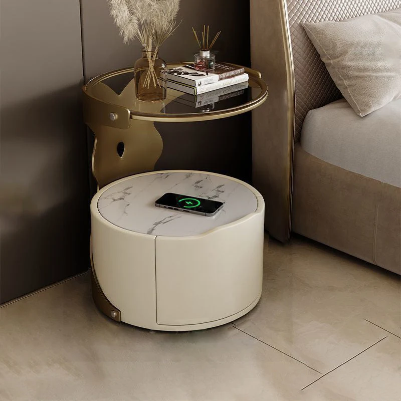 Contemporary Nordic Cylindrical Round Microfiber Leather Carbon Steel Plywood Stone Slab Glass Nightstand 1 - Drawer For Bedroom