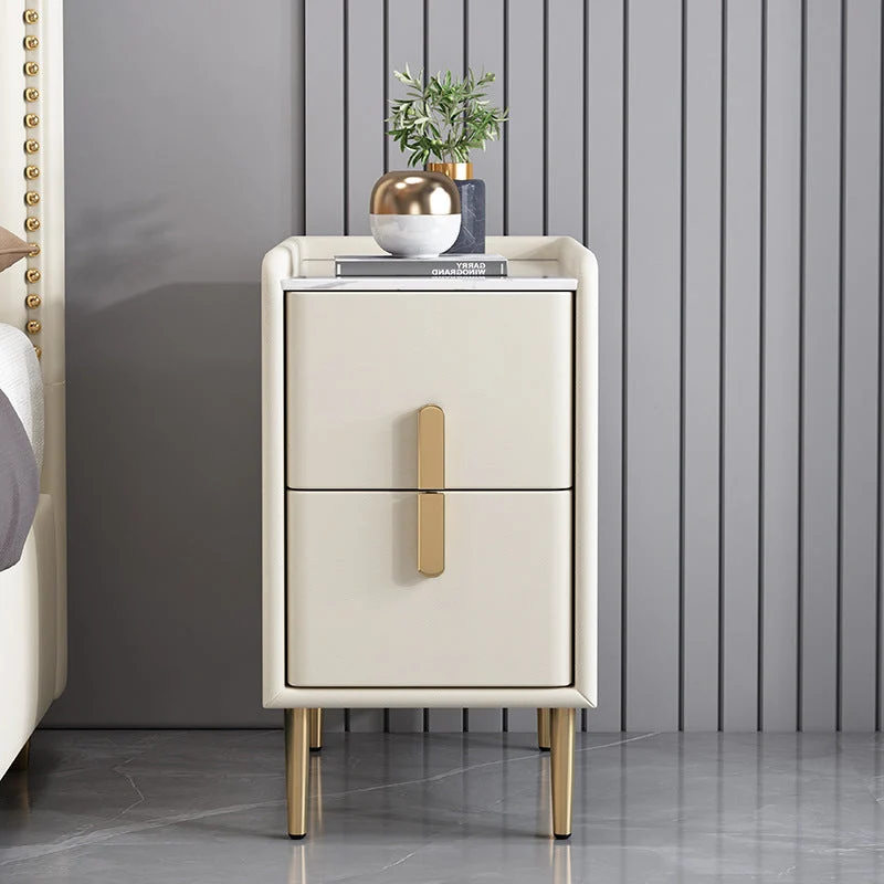 Contemporary Nordic Rectangular Pine Carbon Steel Engineered Wood Slab Stone Faux Leather Nightstand 2 - Drawer For Bedroom