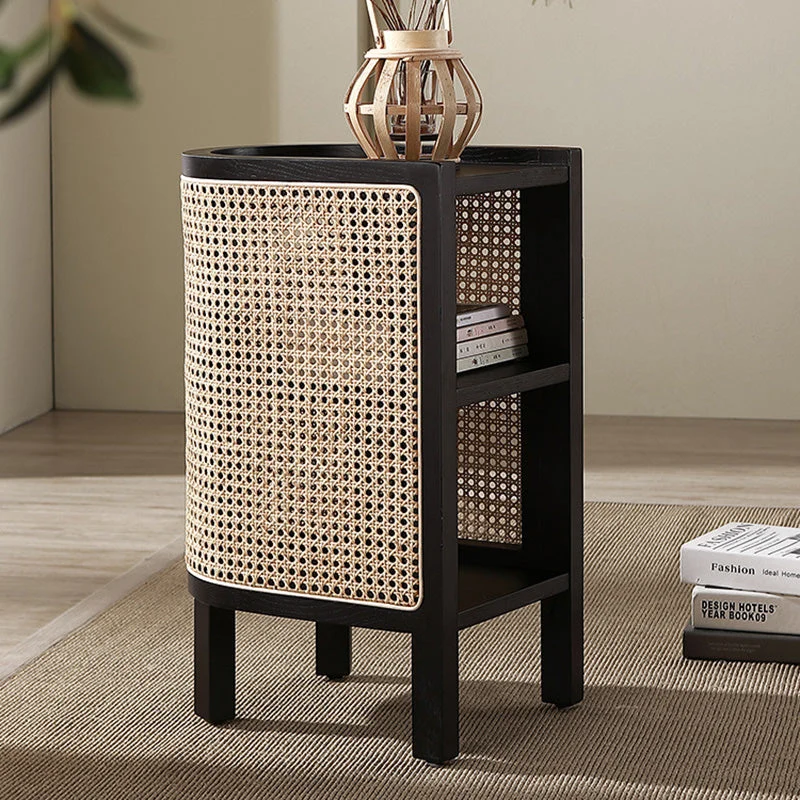 Traditional Japanese Half Oval Solid Wood & Plywood Rattan Weaving Nightstand 3-Tier For Bedroom