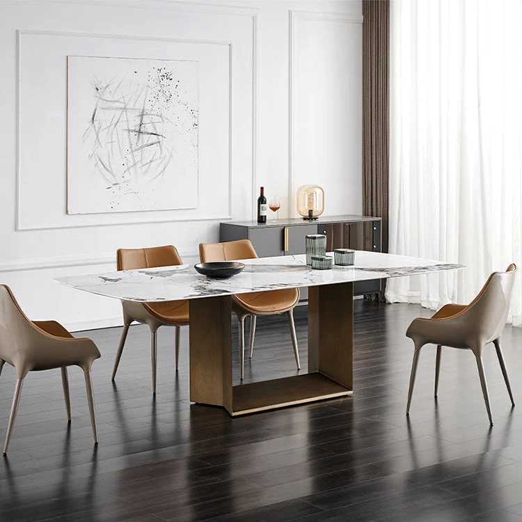 Rectangle Table Industrial Sintered Stone Top Dining Table with Single Pedestal Base