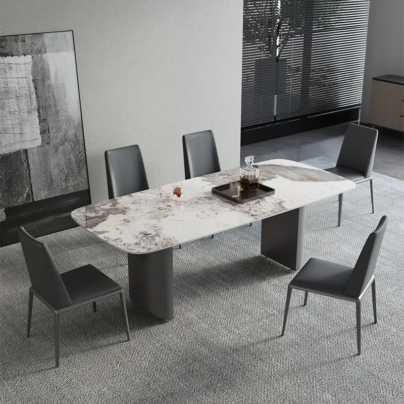 Sintered Stone Top Dining Table Modern Rectangle Stainless Steel Double Pedestal Table