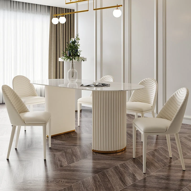Contemporary Oval Table Sintered Stone Top Double Pedestal Dining Table