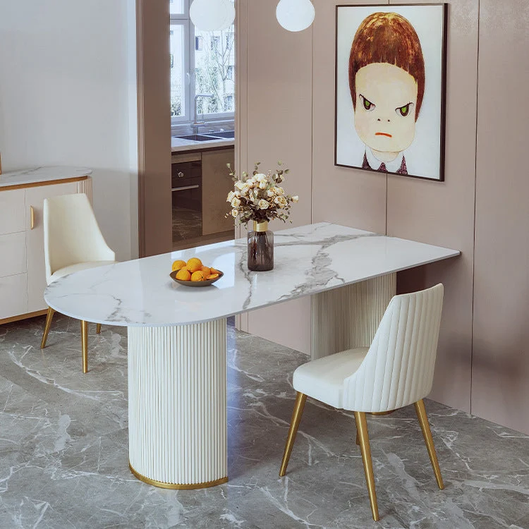 Stone Top Dining Table Traditional Luxury Dining Table with Double Pedestal Base