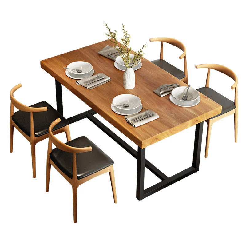 Natural Pine Wood Top Table Rectangle Black Iron Trestle Base Dining Table without Chair