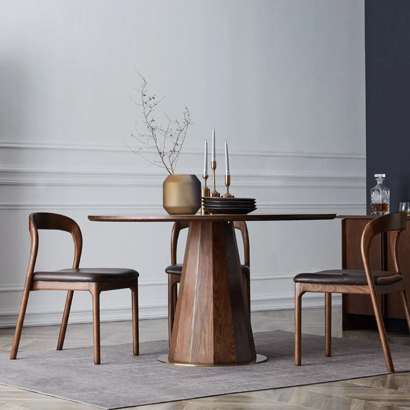 Contemporary Round Dining Room Table Brown Pine Wood Pedestal Table