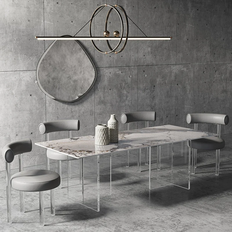 Simplicity Rectangle Dining Table Sintered Stone Top Transparency Acrylic Base Table